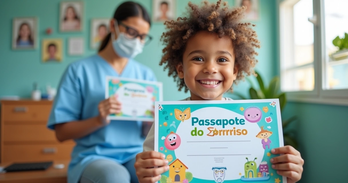 Criança recebendo certificado de passaporte do sorriso 