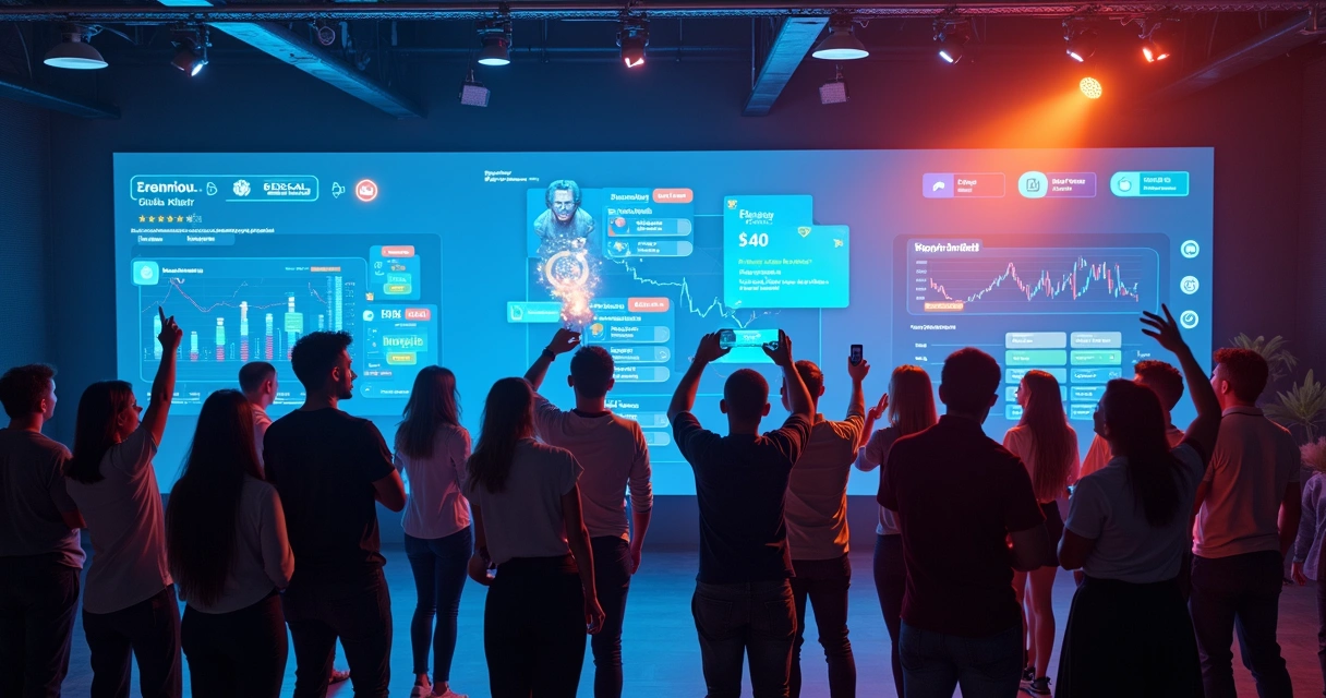 Telas de aplicativo de gamificação de vendas e profissionais comemorando avanços 