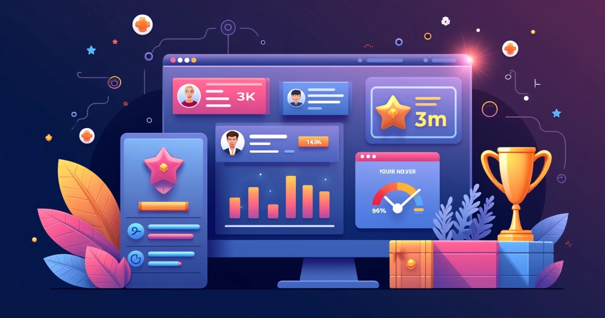Colorful dashboard with progress bars, badges, and partner avatars. 