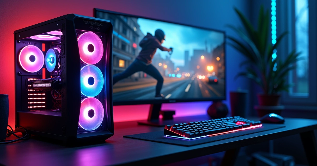 Modern desktop gaming PC with illuminated keyboard and large monitor 