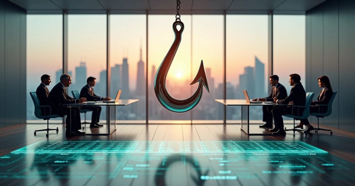 Duas equipes corporativas presas ao mesmo gancho financeiro gigante em sala de negociação moderna 