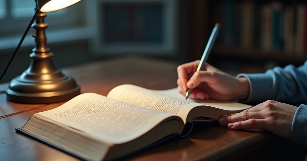 Livro aberto e mãos escrevendo com luz suave sobre a mesa 