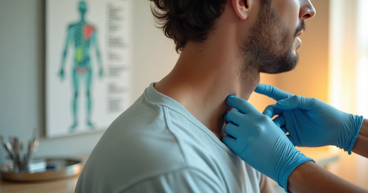 Médico examinando gânglios no pescoço de paciente adulto 