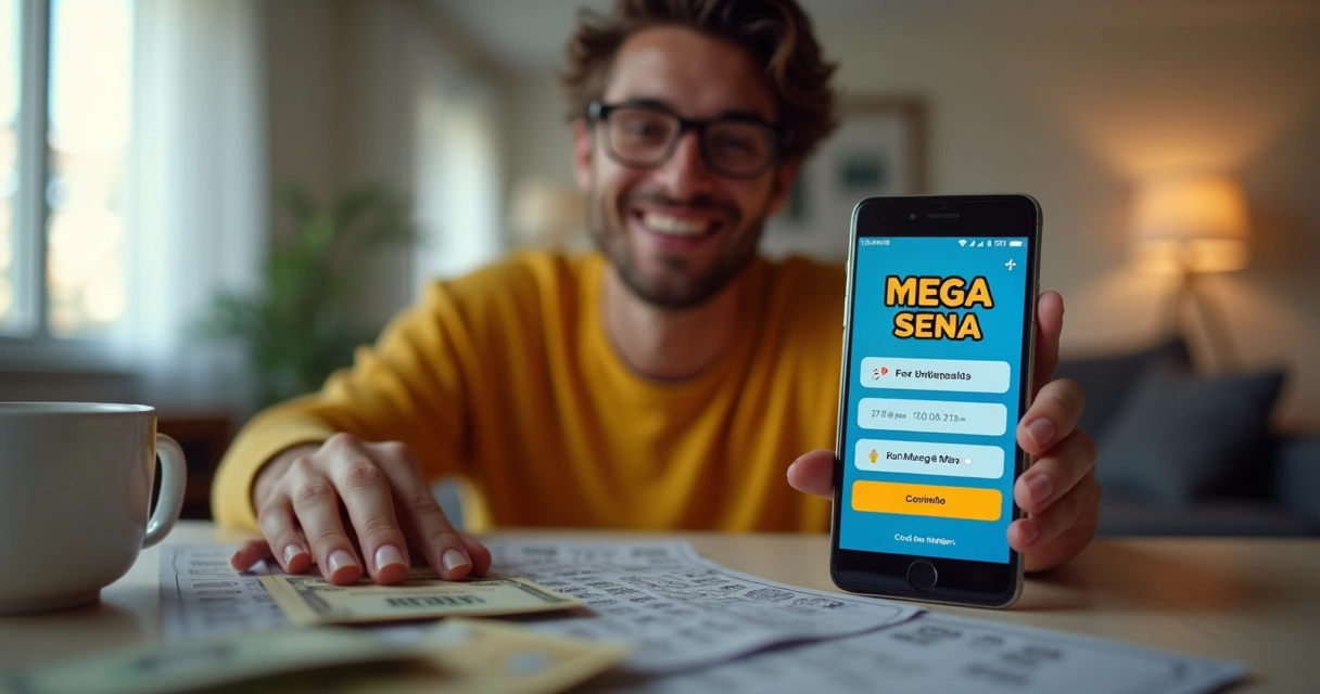 Usuário sorrindo ao conferir resultado de aposta online da Mega-Sena pelo celular 