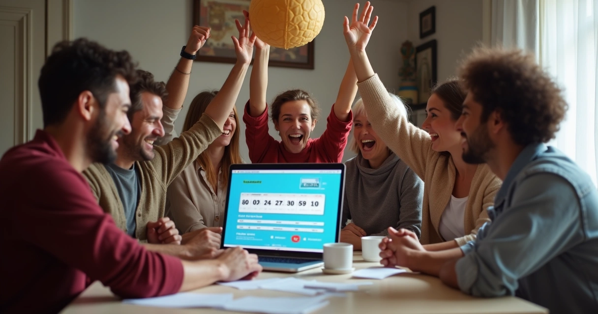Grupo de pessoas sorrindo ao redor de computador comemorando vitória em bolão 