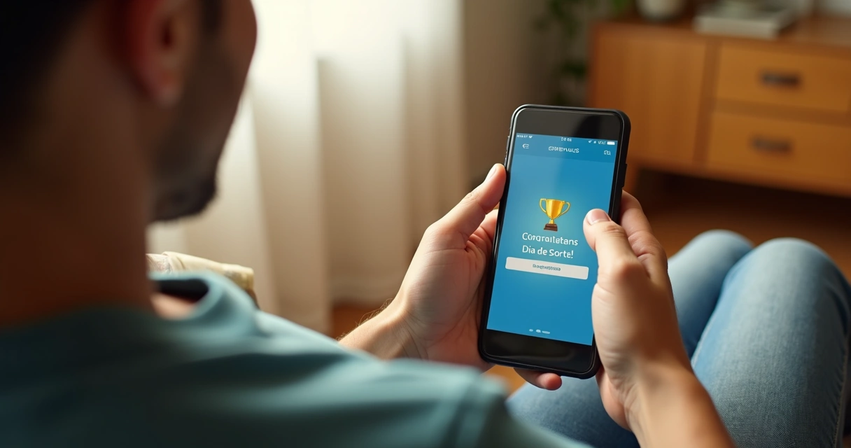 Pessoa sorrindo e conferindo prêmio Dia de Sorte pelo celular 