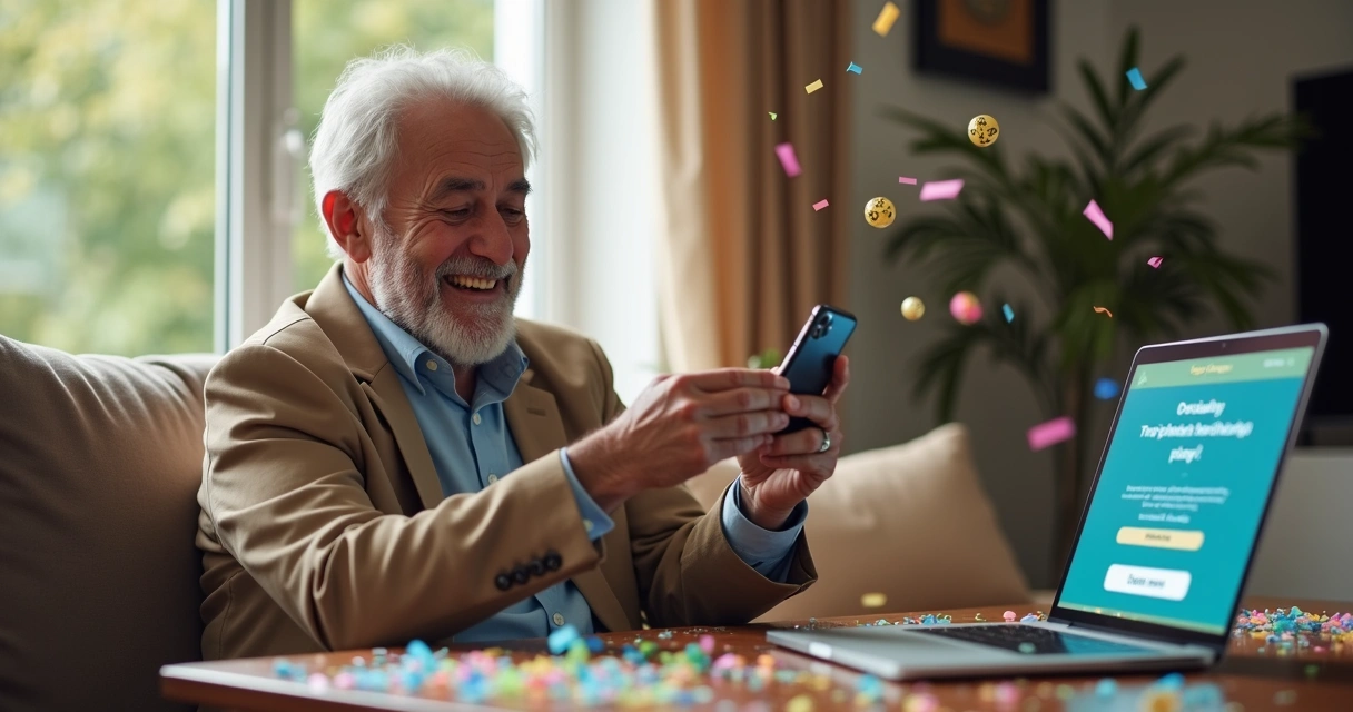 Pessoa comemorando ao conferir prêmio de loteria +Milionária no celular 