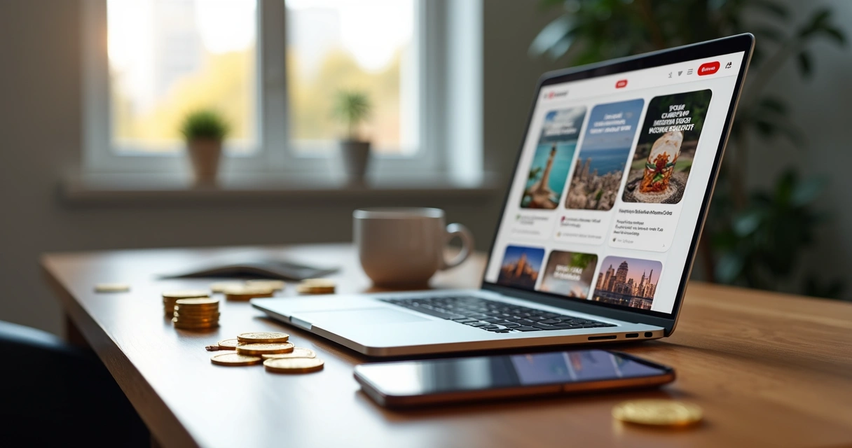 Tela de computador aberta no Pinterest com gráficos de dinheiro e moedas ao redor 