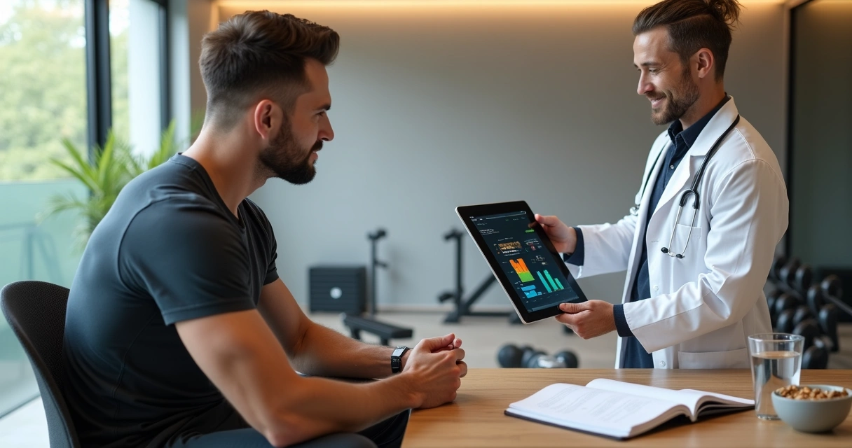 Homem e médica avaliando resultados de treino em consultório com academia ao fundo 