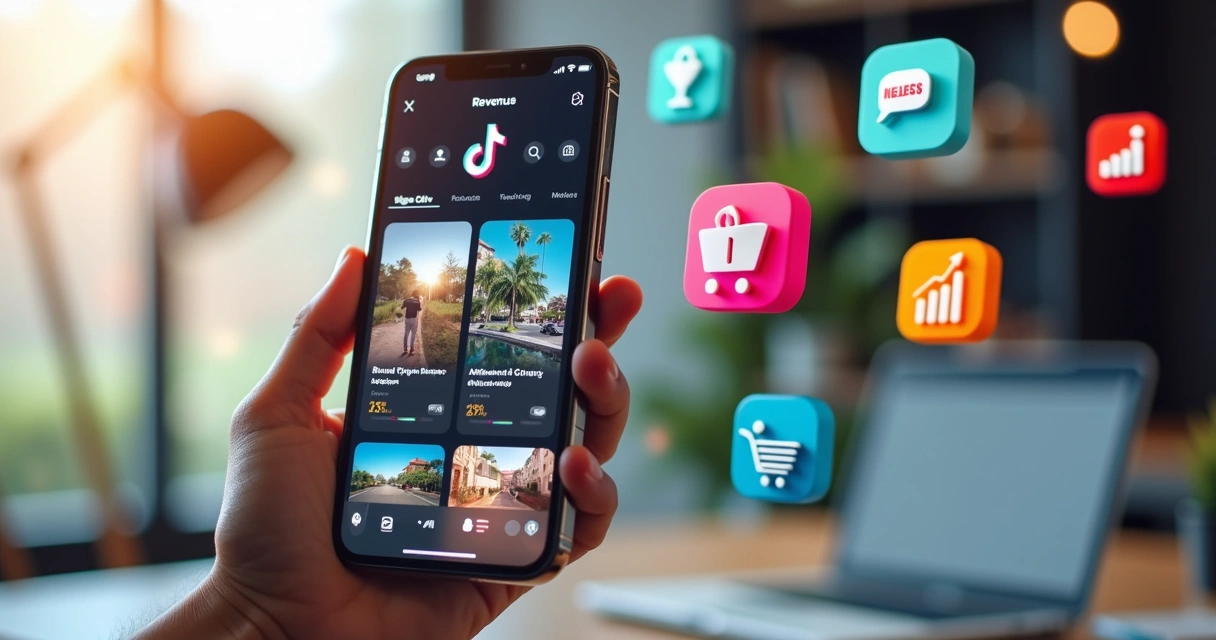 Tela de smartphone mostrando app do TikTok com ícones de dinheiro e gráficos de crescimento 