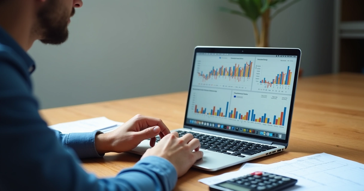Pessoa analisando gráficos de rendimento com planilha e computador 