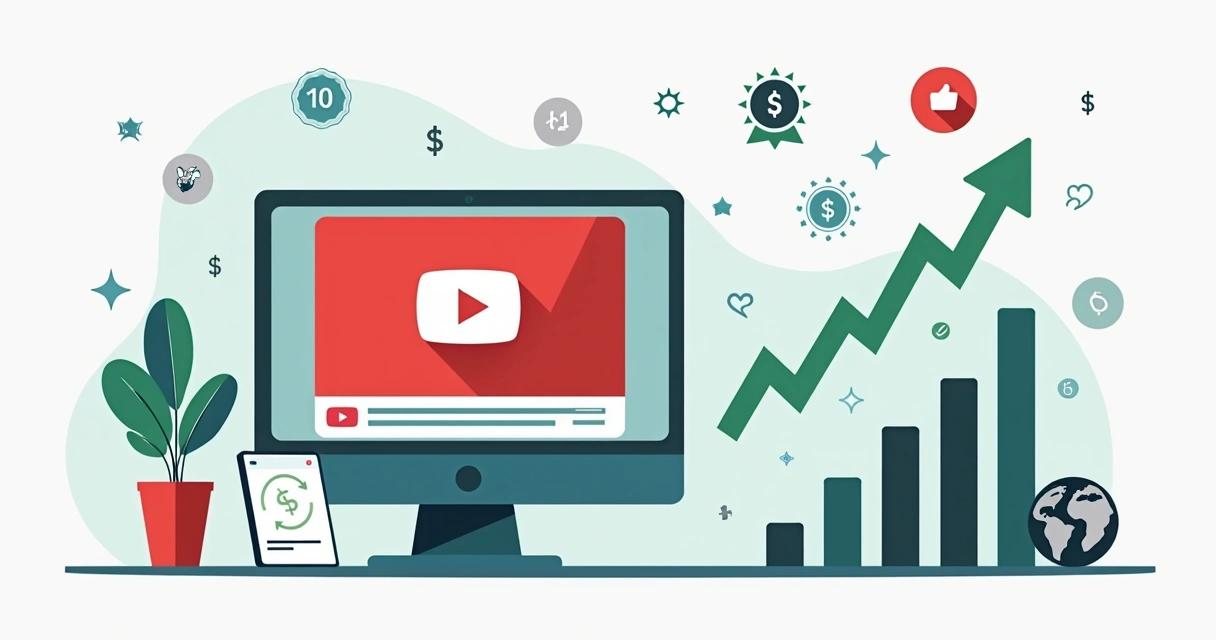 Ilustração corporativa de gráfico de ganhos crescendo junto a ícone de vídeo com 10 milhões de visualizações no YouTube 