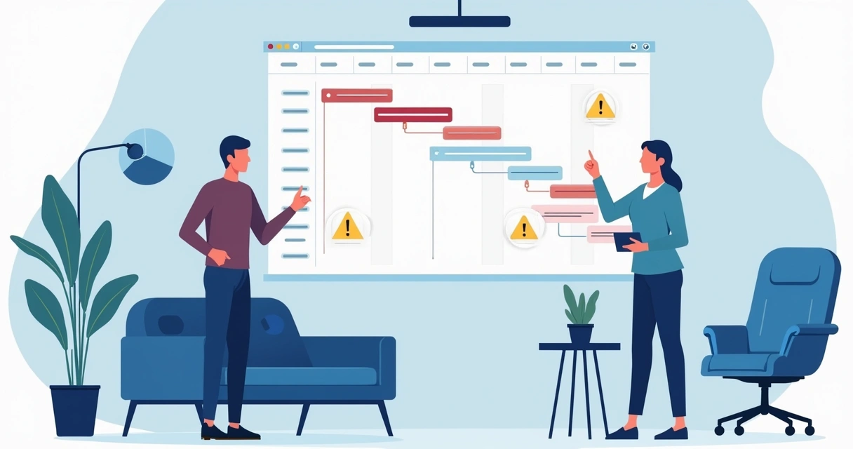 Gráfico de Gantt de projeto com alertas de previsão em destaque 