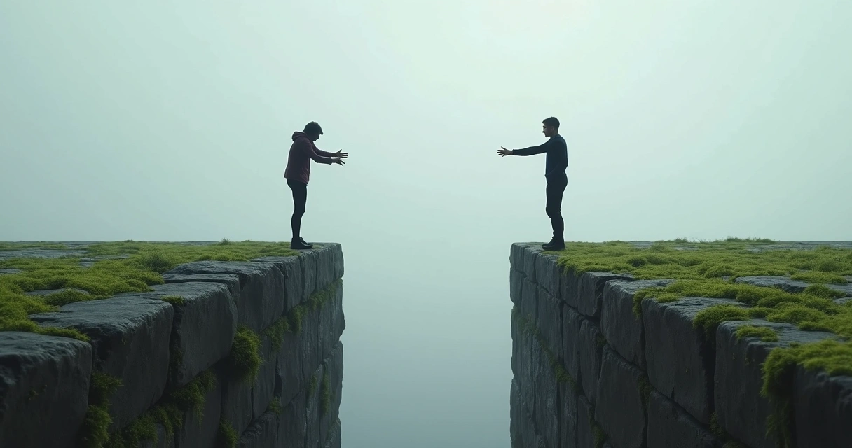 Two people standing on separate ledges with a gap between them 