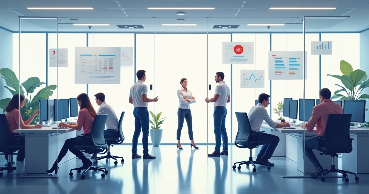 Equipes divididas por barreiras representando gaps de desempenho no escritório 