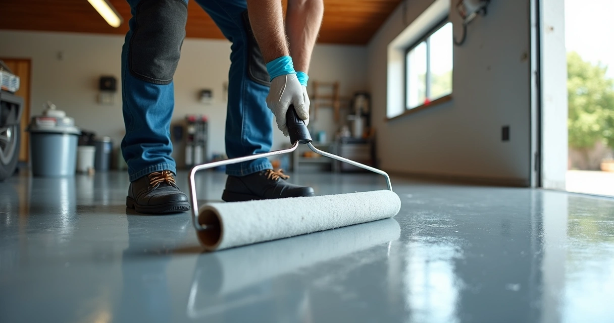 Technician applying garage floor coating with roller 