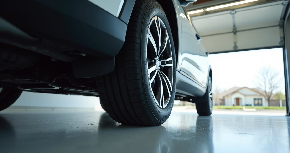 Car entering a garage with clean, glossy epoxy floor 