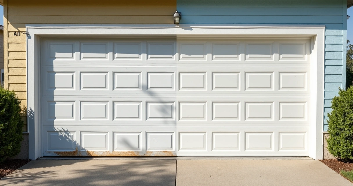 Side-by-side comparison garage door before and after coating 