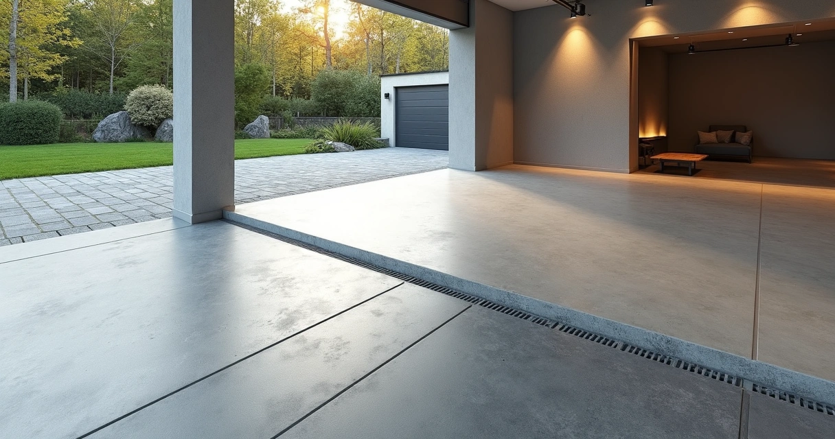 Modern Central Florida garage with integrated slot drain and seamless paver transition 