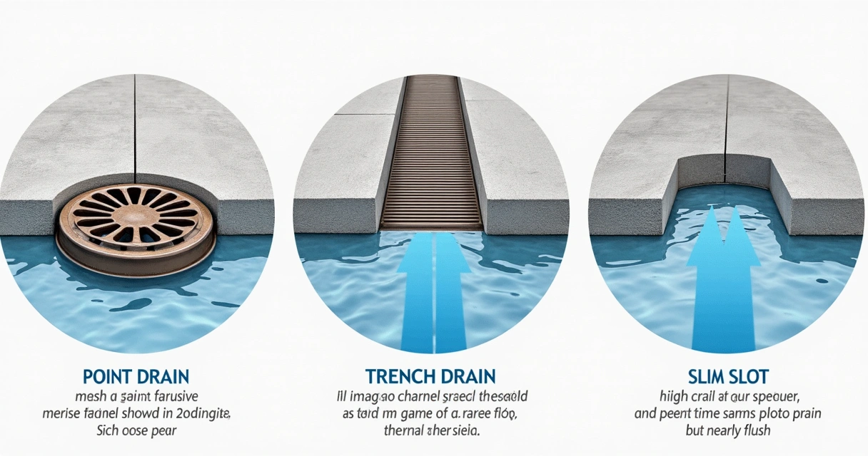 Infographic showing differences between slot, trench, and point garage drains 
