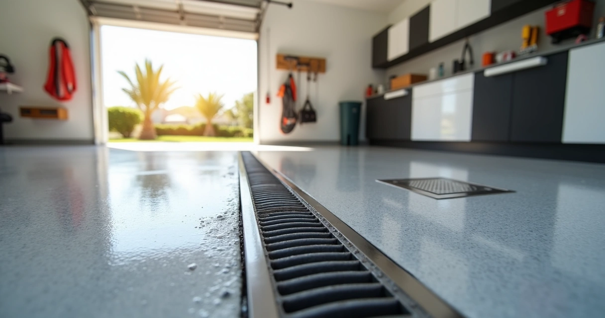 Garage floor in Orlando with different slot, trench and point drains 