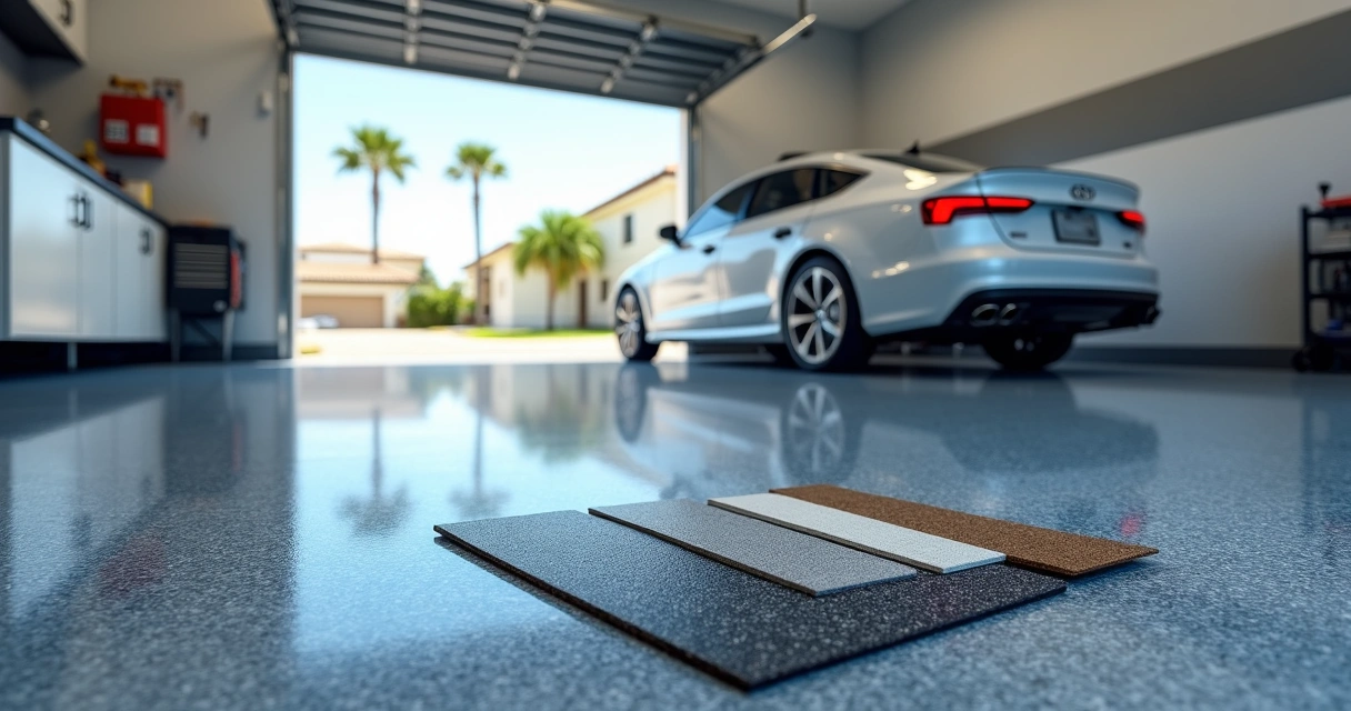 Orlando garage with custom epoxy flake floor in blue gray tones 