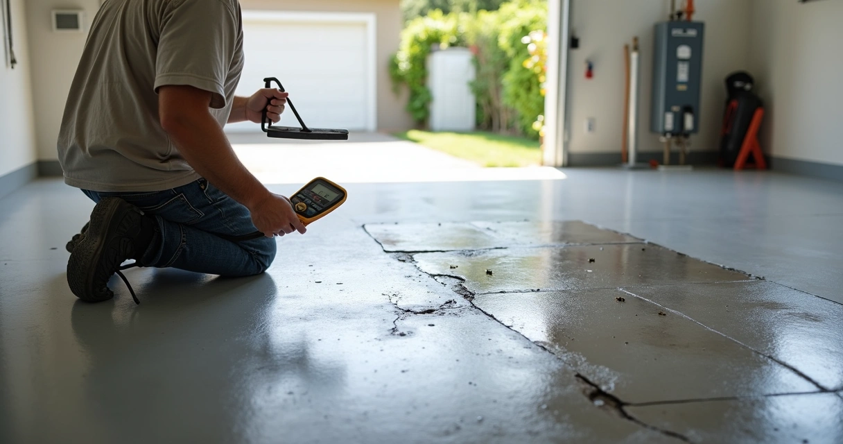 Contractor inspecting damaged garage epoxy floor with peeling areas 