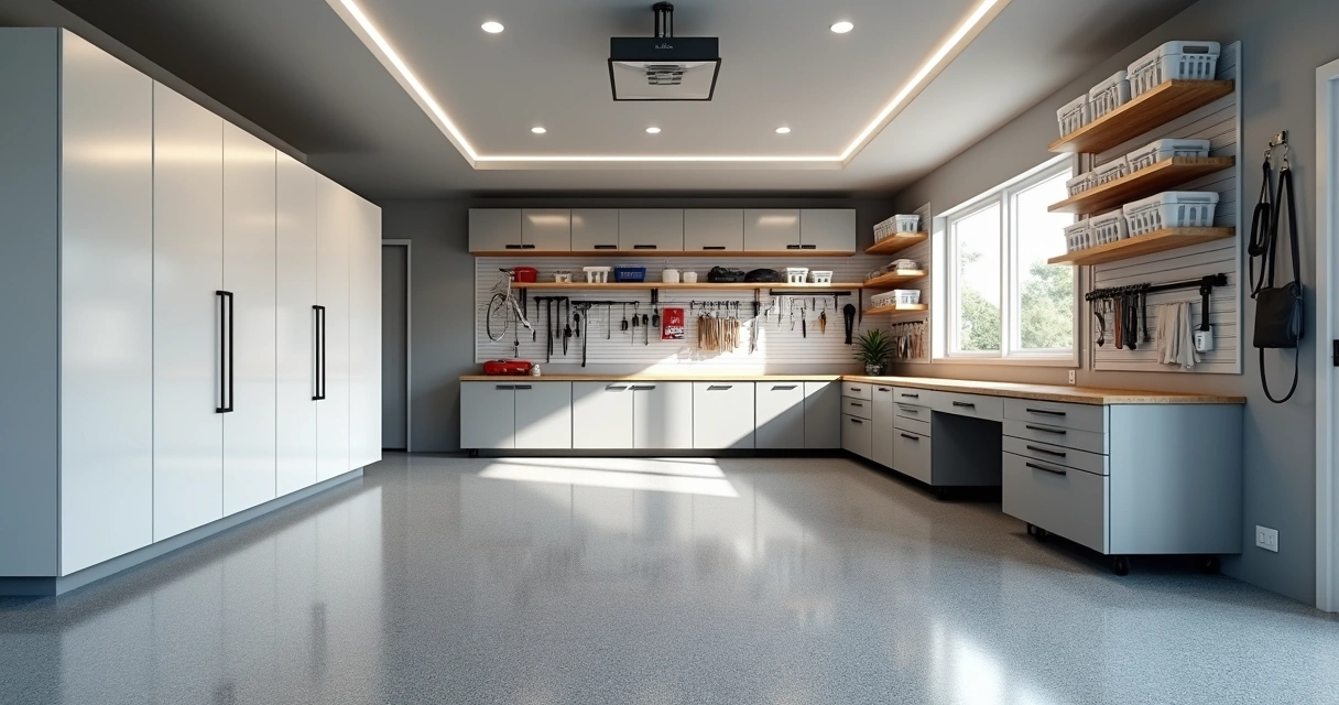 Organized garage in Orlando with epoxy floor and wall storage cabinets 