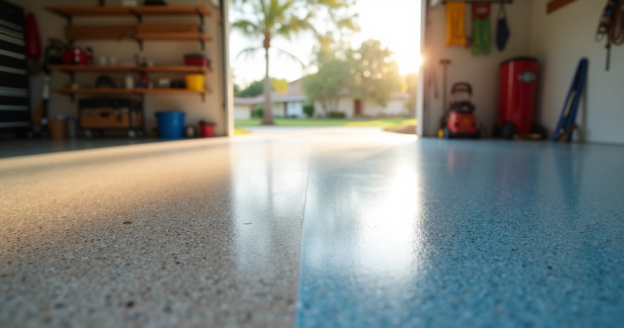 Orlando garage epoxy floor showing dull worn section beside fresh glossy coating 