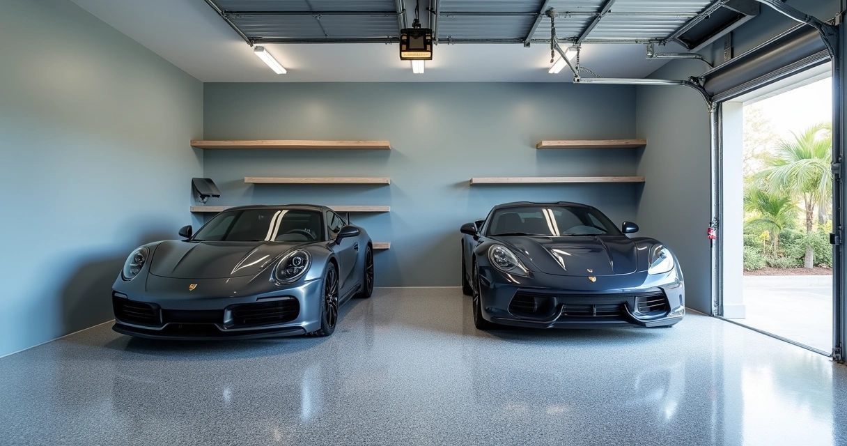 Residential garage with speckled epoxy flooring