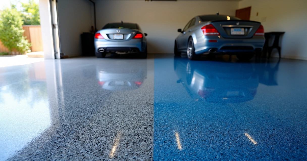 Side-by-side comparison of color chip and metallic epoxy in garages
