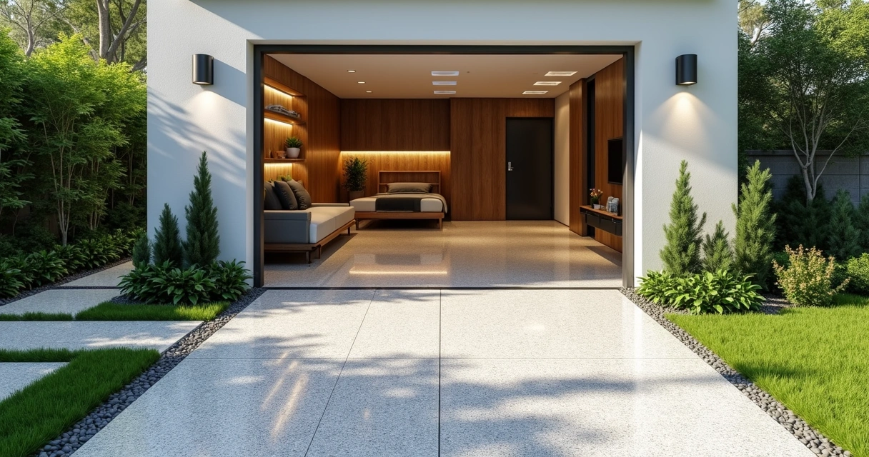 Garage floor with epoxy flake finish blending with walkway pavers and landscaping 