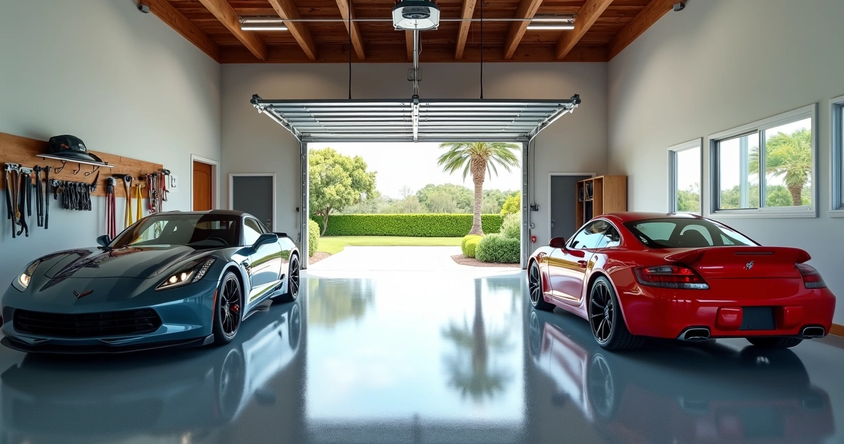 Clean garage with new seamless polyaspartic floor and parked cars 