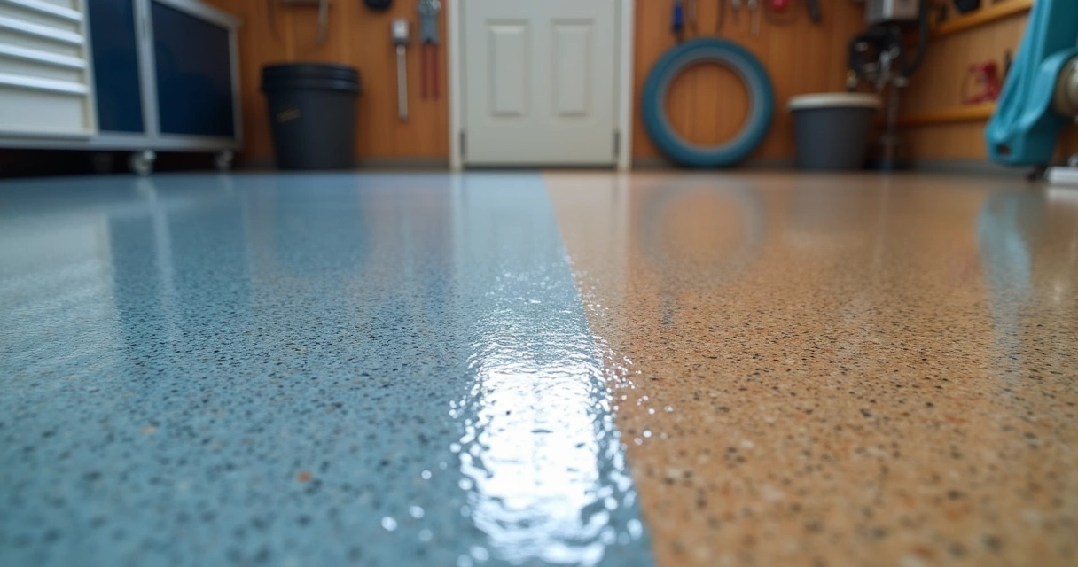 Close-up view of a coated garage floor showing smooth, glossy finish with texture 