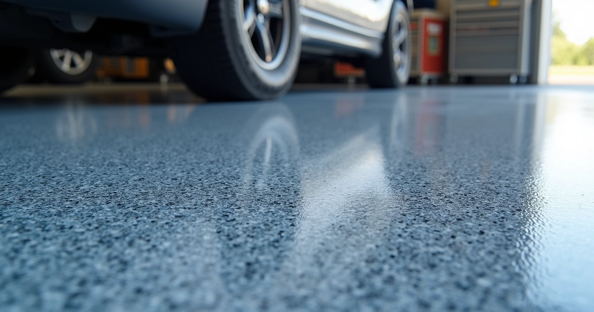 Close-up view of garage floor with colored flake epoxy coating 