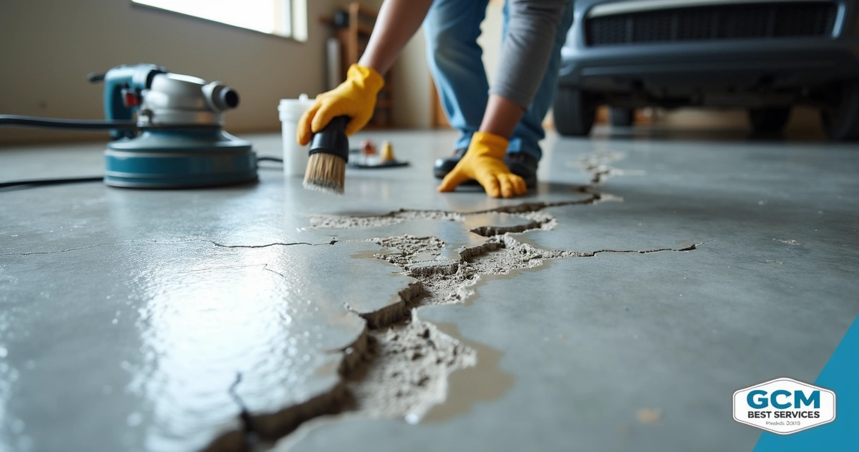 Close-up of cracked concrete garage floor being repaired with epoxy coating and tools around 