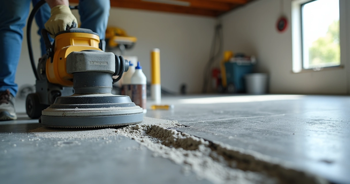 Close-up of epoxy garage floor preparation tools including grinder, moisture meter, and crack repair materials on concrete floor 