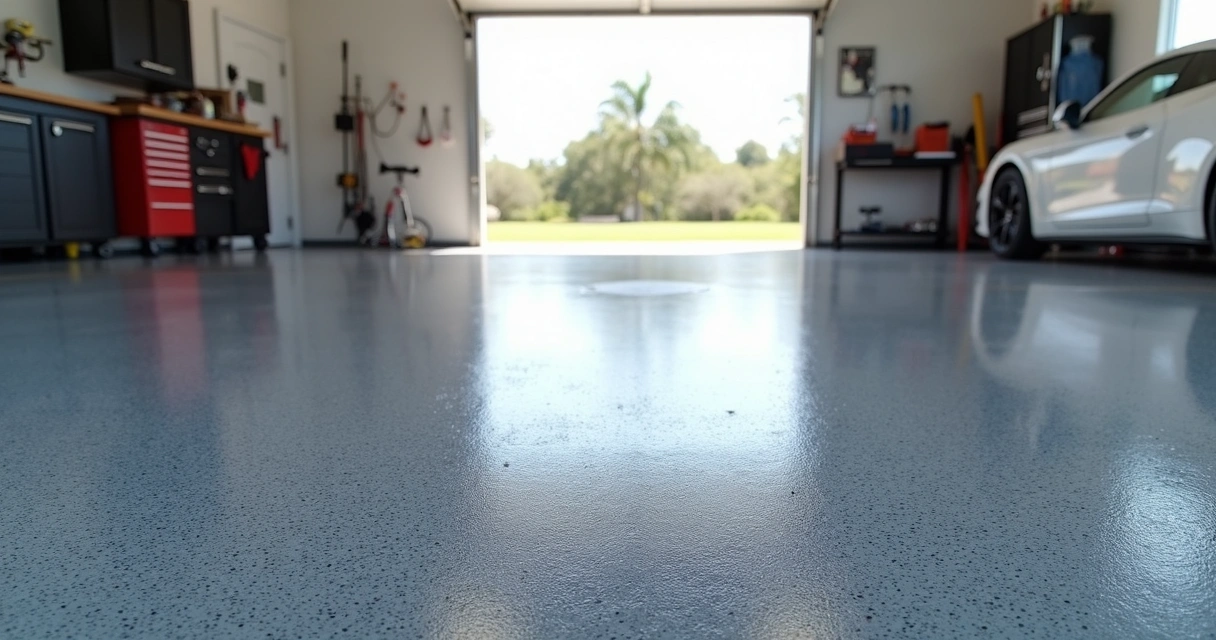 Side-by-side view of garage floor sections showing epoxy and polyaspartic coatings with distinct textures and finish in a well-lit garage setting 