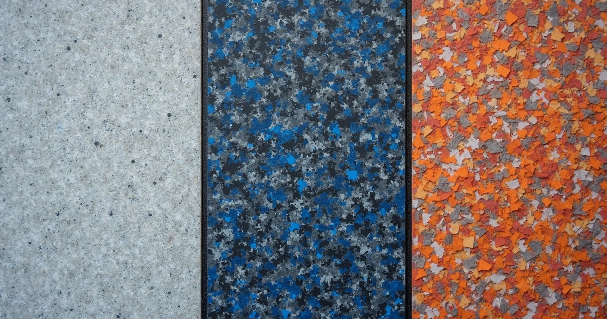 Three samples of epoxy garage floor showing different flake sizes 