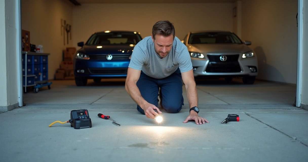 Technician visually inspecting a clean garage floor