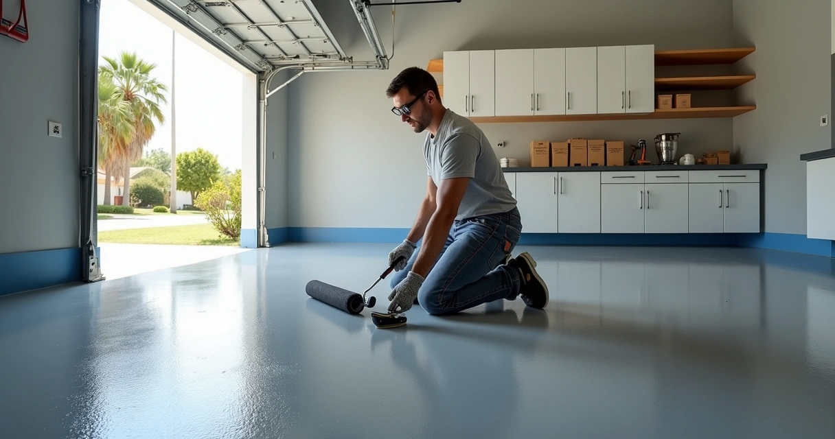 Contractor applying moisture vapor barrier coating on concrete garage floor in Orlando home 