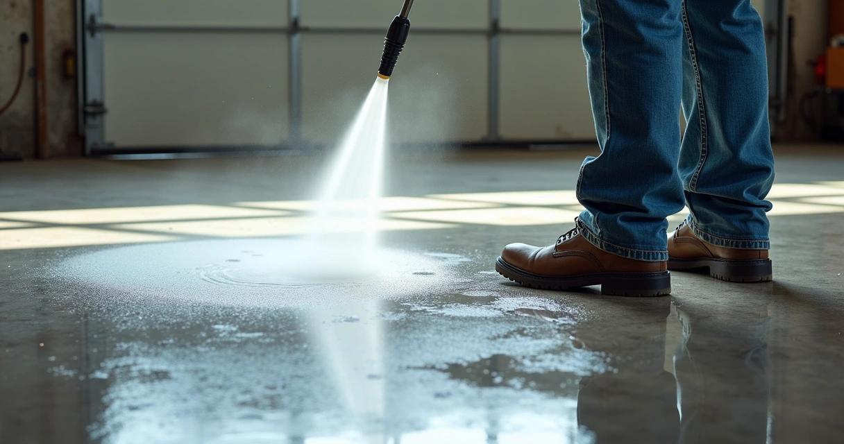 Pressure washing garage concrete floor