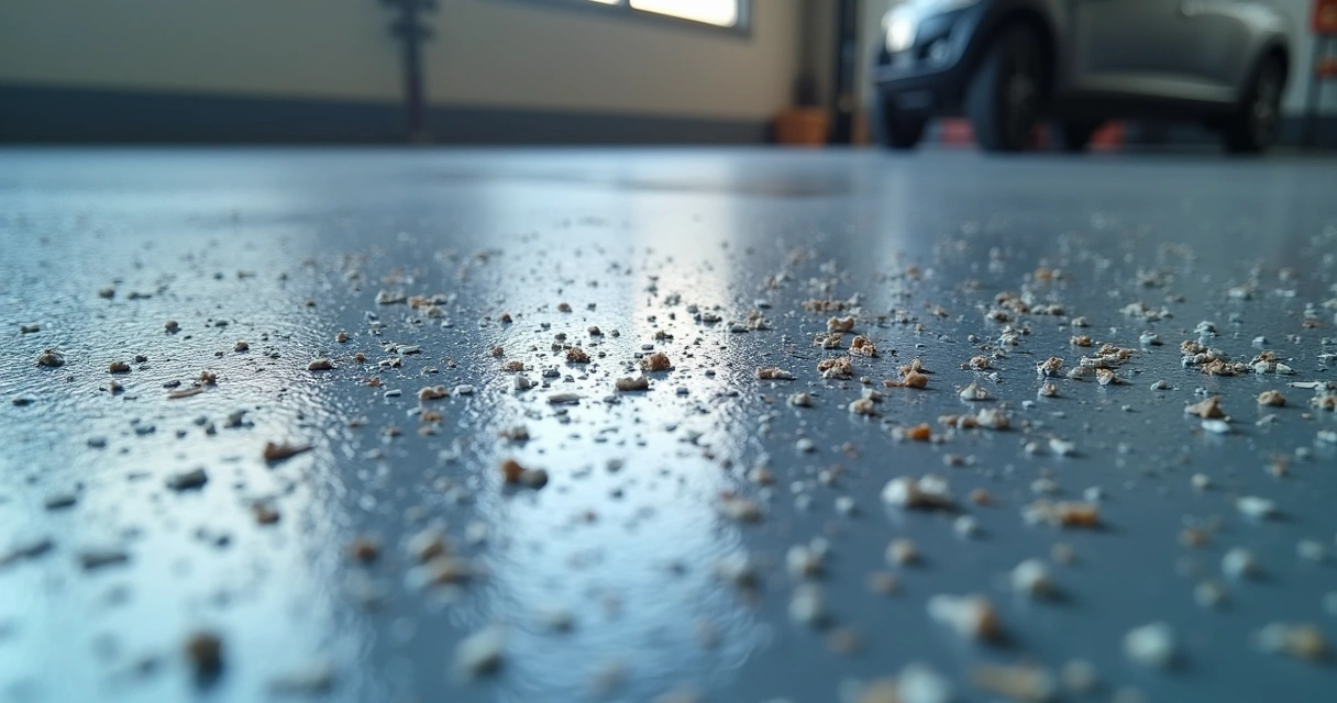 Texture additives close up on epoxy garage floor