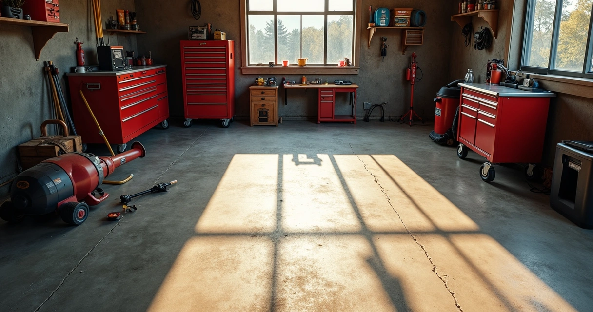 Selection of garage floor prep tools on concrete