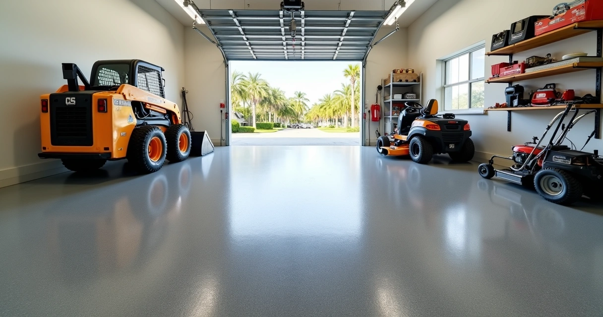 Garage in Orlando with epoxy floor and parked heavy equipment 