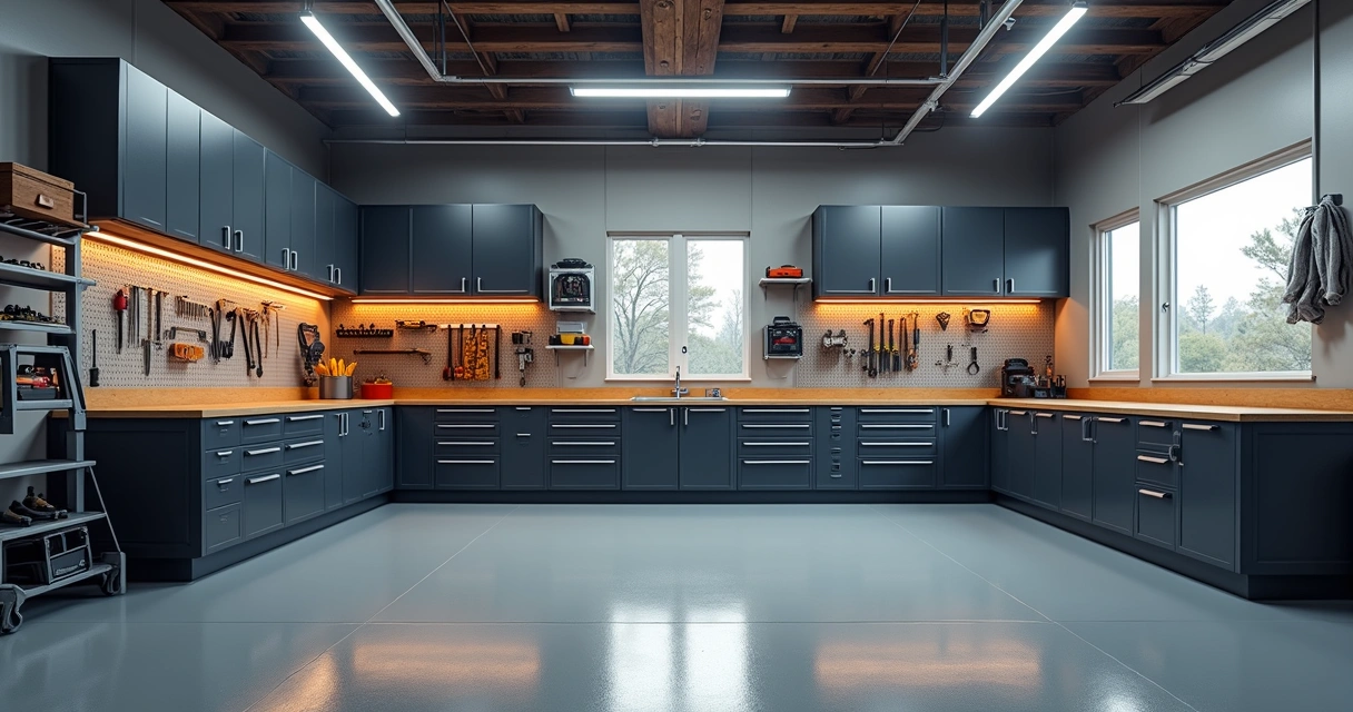 Central workbench in garage with tools and storage 
