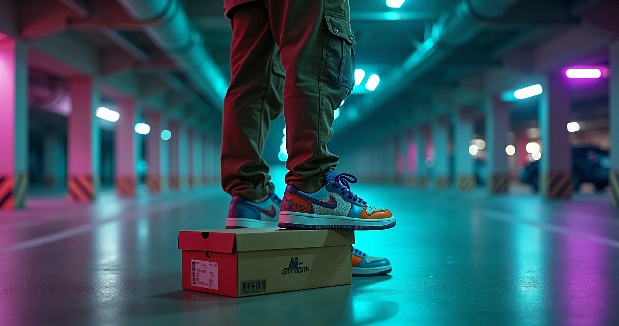 Sneakerhead segurando tênis edição limitada em garagem iluminada por néon 