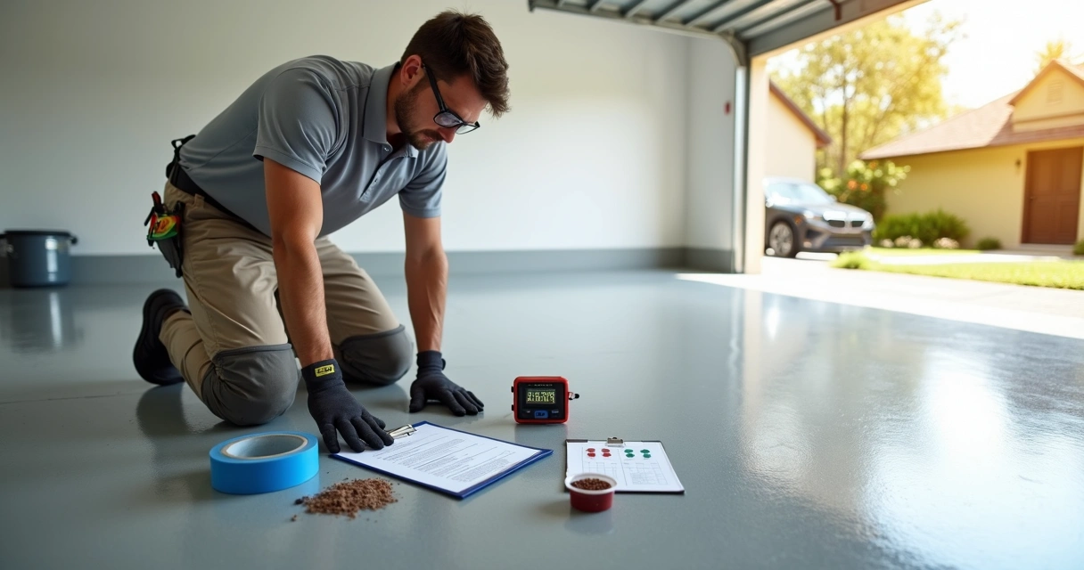 Technician performing moisture test on concrete garage floor in Orlando home 