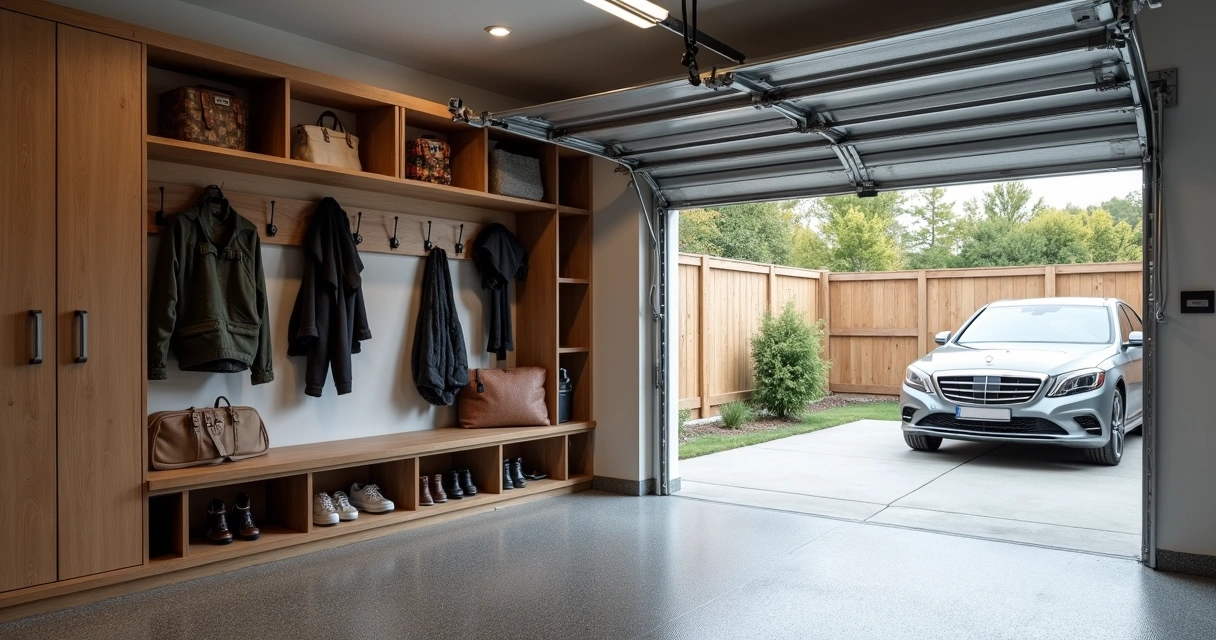 Garage entry zone with shoe cubbies and benches 