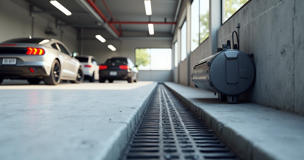 Modern garage interior with visible trench drain feeding into a small grated sump with a pump beside the wall.